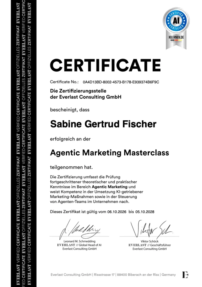 Zertifikat Agentic Marketing Masterclass Everlast Sabine Gertrud Fischer