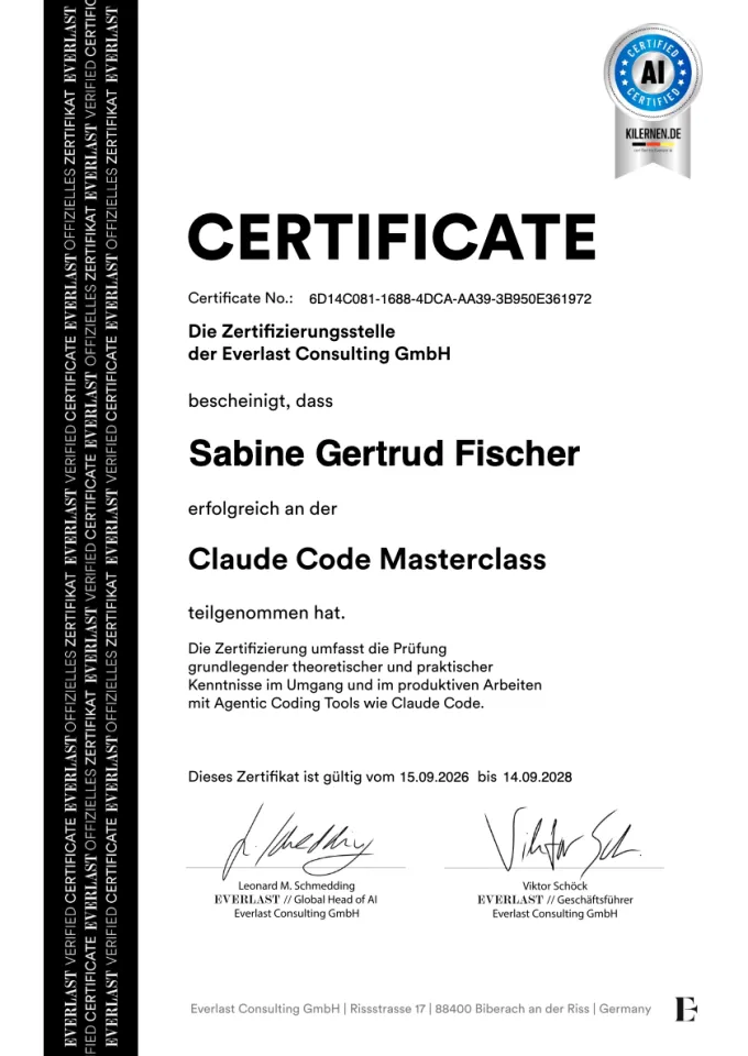 Zertifikat Claude Code Masterclass Everlast Sabine Gertrud Fischer