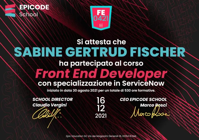 Zertifikat Ausbildung Front End Developer Sabine Gertrud Fischer