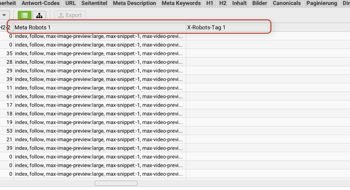 Robots noindex Tag und X-Robots in Screaming Frog