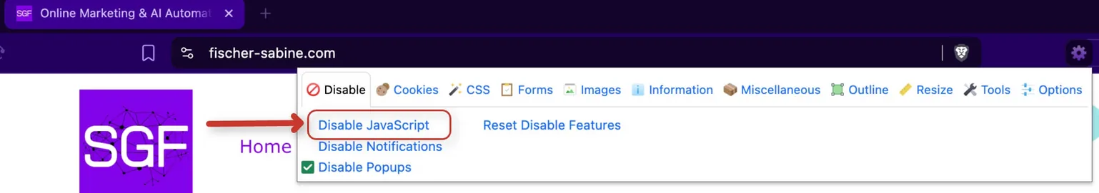 Disable JavaScript im Web Developer Plugin
