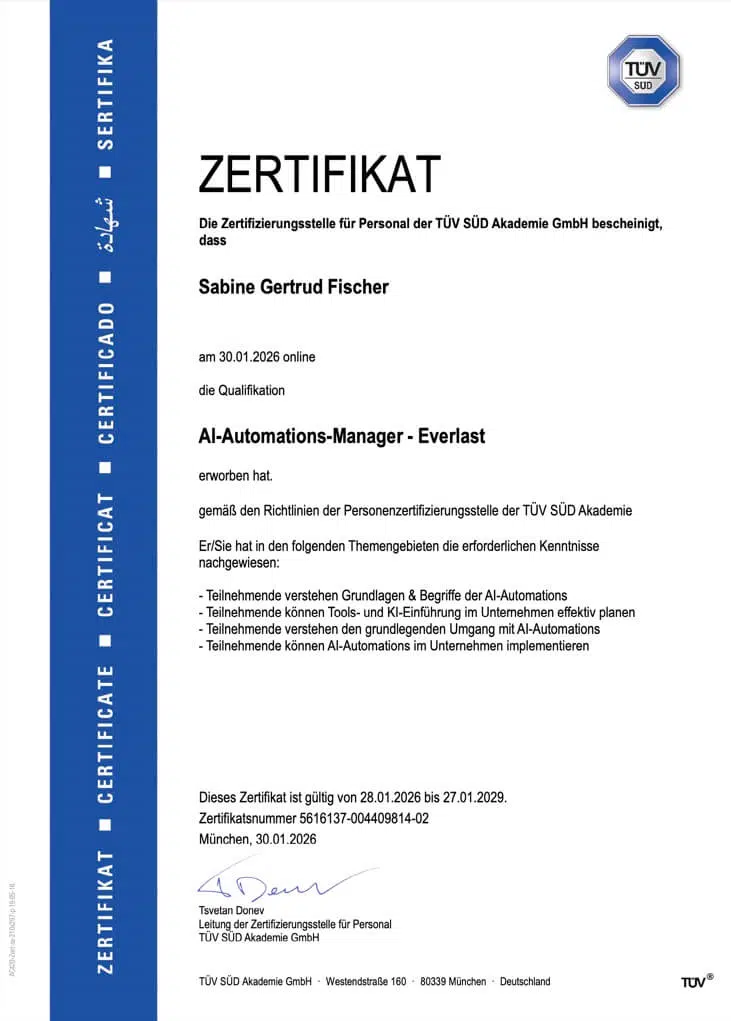 TÜV Süd Zertifizierung als AI Automations Manager Everlast